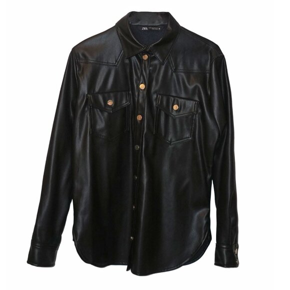 ZARA Black Faux Leather Buttoned Shirt and Pants Set - Picture 2 of 3
